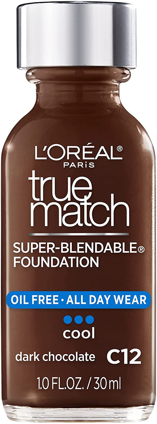 L'Oreal Paris Makeup True Match Super-Blendable Liquid Foundation, Dark Chocolate C12, 1 Fl Oz,1 Count